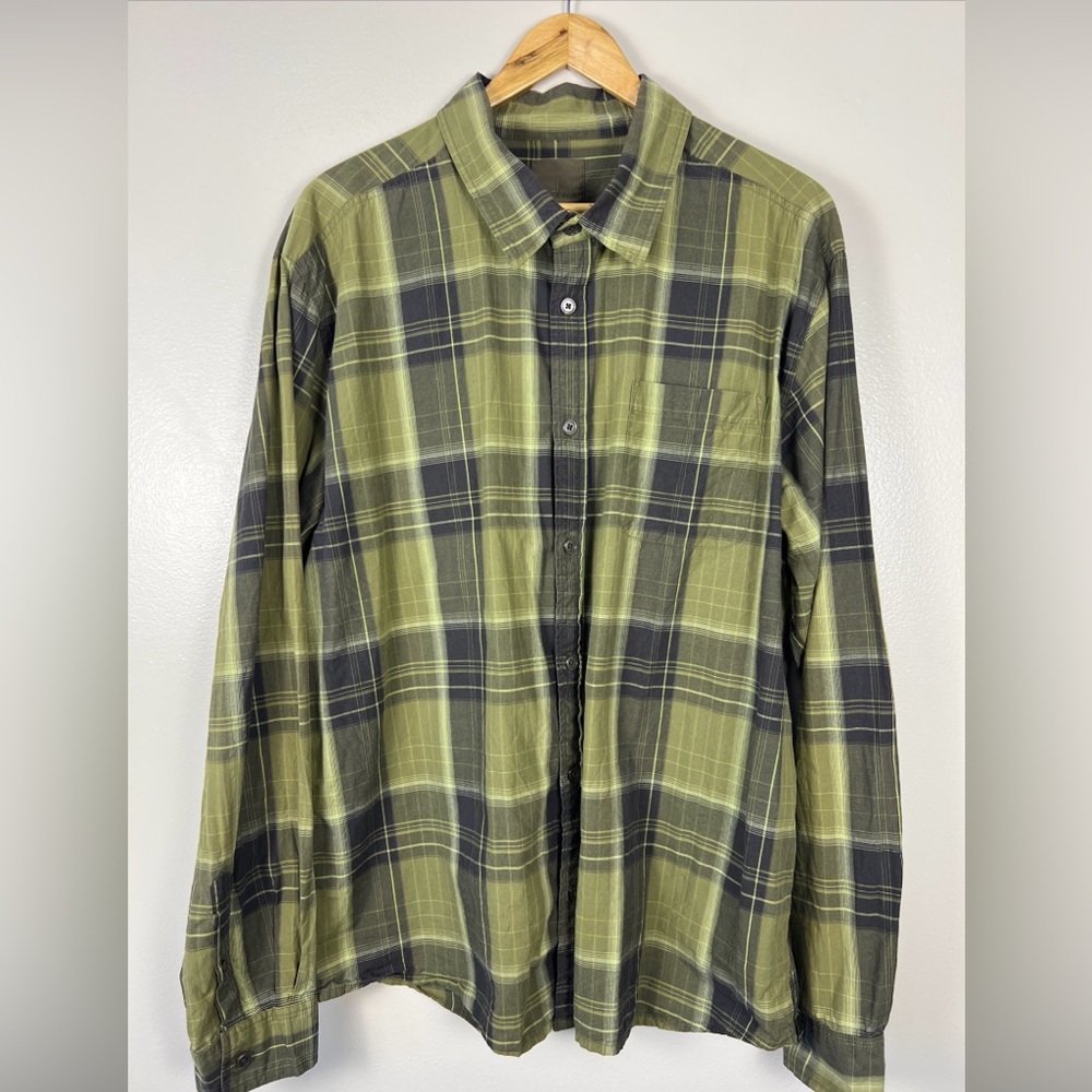 prAna Shirt Men's XL Organic Cotton Green Plaid‎ Button Front Long Sleeve EUC